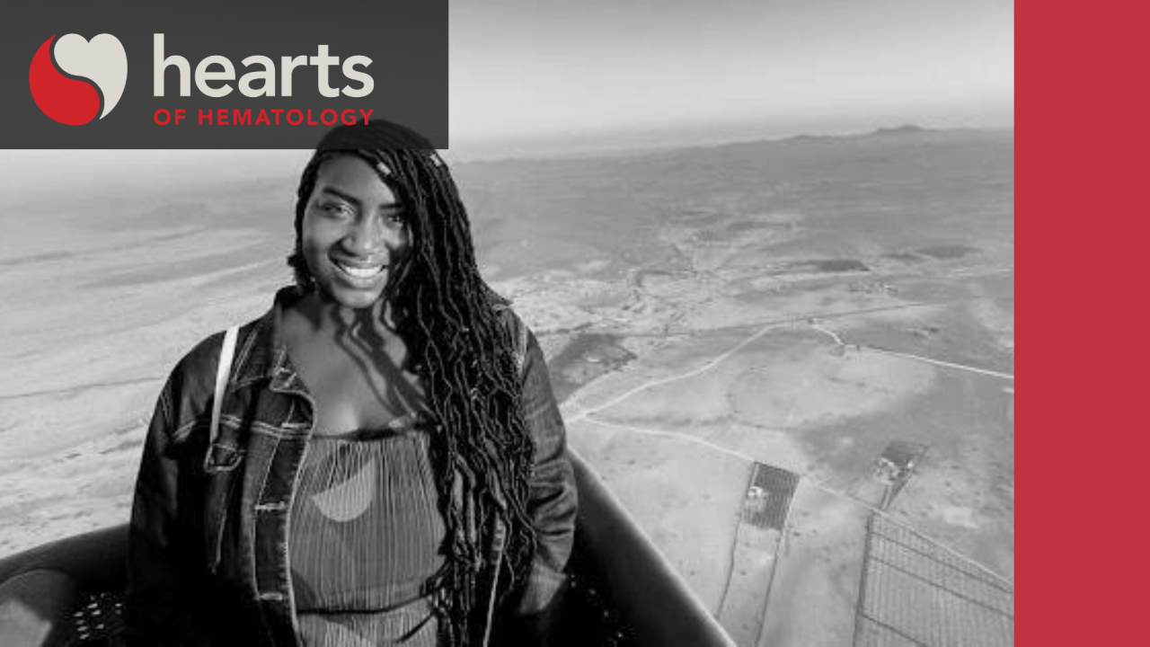 A photo of Ajibike Lapite with the hearts of hematology logo and branding