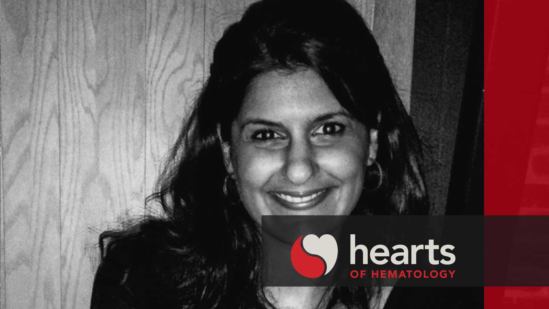 A photo of Anglee Mahajan with brand logo and color of hearts of hematology