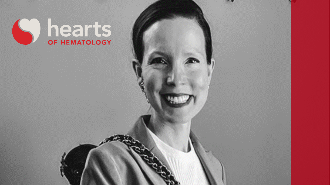 A photo of Ariela Marshall with logo and hearts of hematology branding