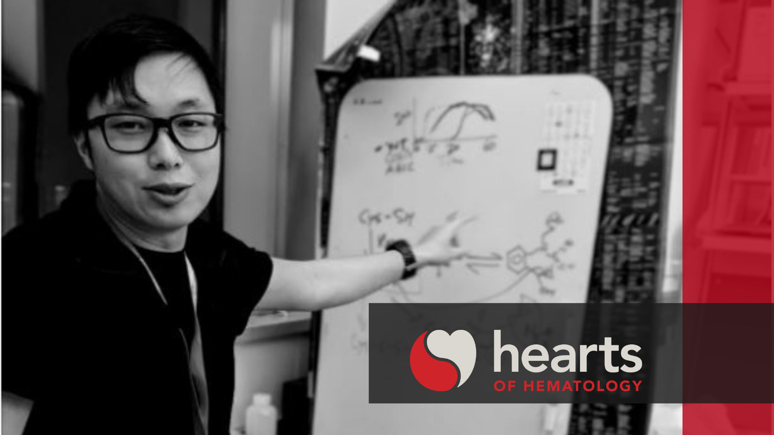 A Photo of Moua Yang with the hearts of Hematology logo and branding