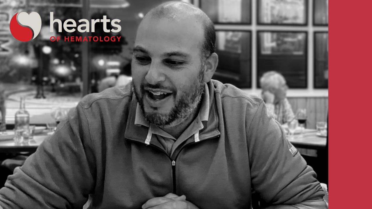 A photo of Robert Stern with the hearts of hematology logo and branding