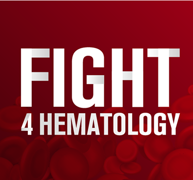 A logo for Fight4Hematology featuring a red blood cell background with low opacity.
