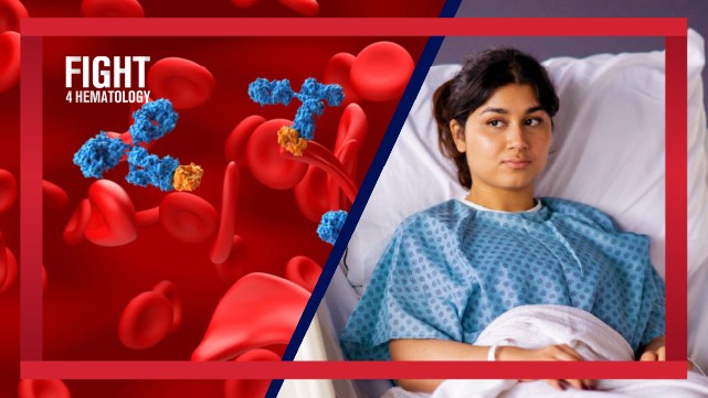 An image depicting a patient on a bed alongside a 3D illustration of sickle-shaped red blood cells representing sickle cell disease