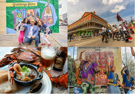 A photo collage featuring various places to visit in New Orleans, including food, festivals, and more.