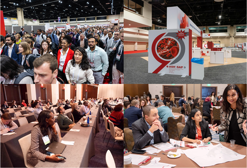 A collage of photos representing group of people at the Annual meeting, at the highlight of ASH events and the SAP
