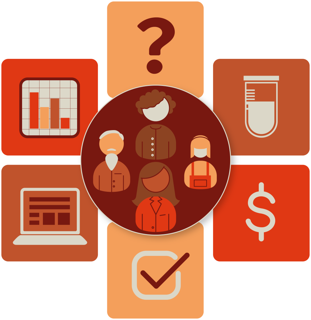 Decorative Image showing icons of people surrounded by icons for the stages of the clinical trials process.